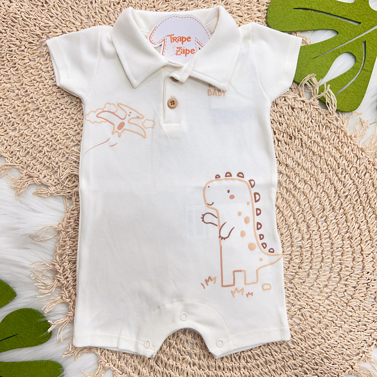 Macacão Manga Curta Gola Polo Dinos Baby - Off White